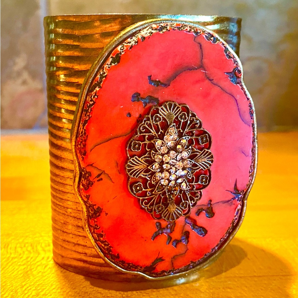 Vintage Studded Red Turquoise Brass Boho Statement Cuff - Picture 2 of 11